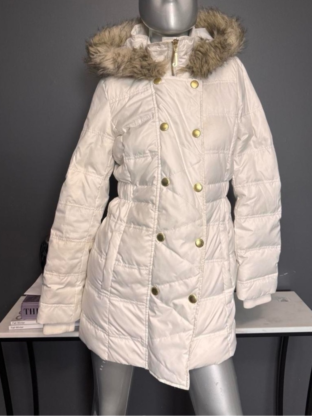 Juicy Couture Ivory White Quilted Faux-Fur Hood Puffer Coat